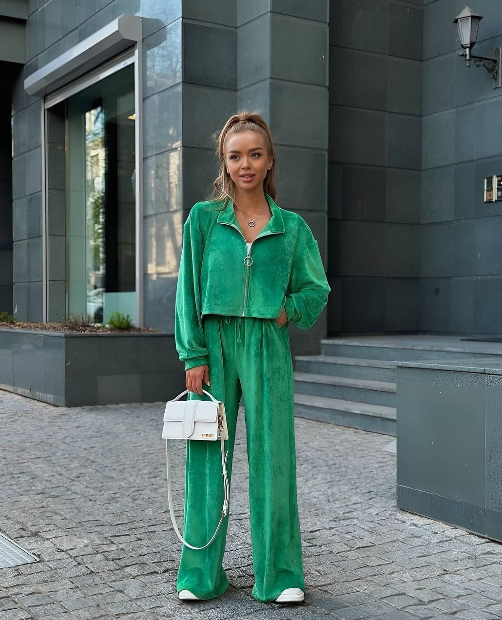 Damen gekürztes Velours-Cropped-Hoodie mit Stehkragen und elastischer High-Waist-Palazzo-Jogginghose Nord Taschen