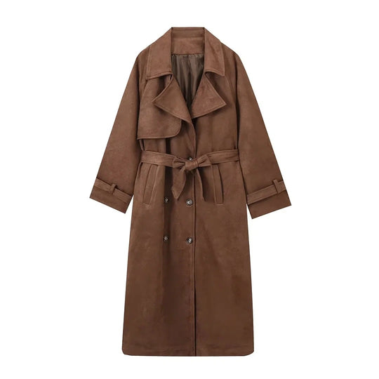 Damen 100+ langer Wildleder‑Mantel im Trenchstil mit Taillengürtel und Doppelreihe Nord Taschen