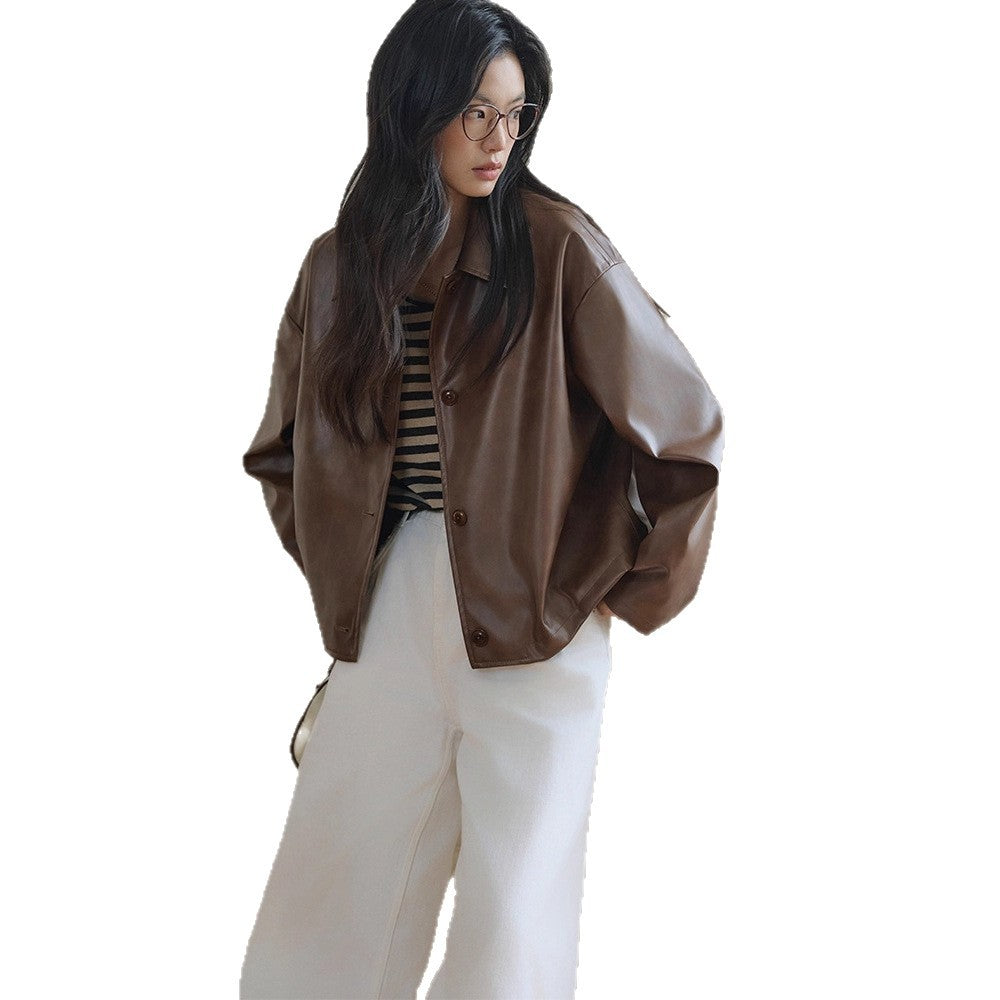 Damen Boxy-Lederoptik-Jacke mit Hemdkragen und Knopfleiste Nord Taschen