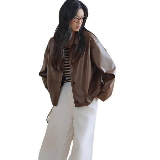 Damen Boxy-Lederoptik-Jacke mit Hemdkragen und Knopfleiste Nord Taschen