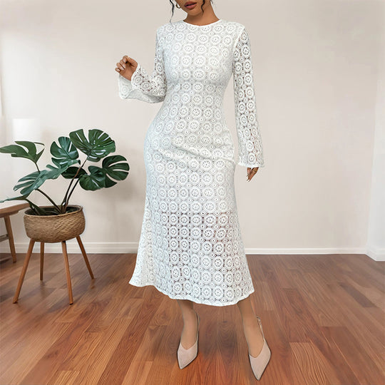 Damen Midikleid aus Häkelspitze mit taillierter Silhouette, Trompetenärmeln und ausgestelltem Saum Nord Taschen