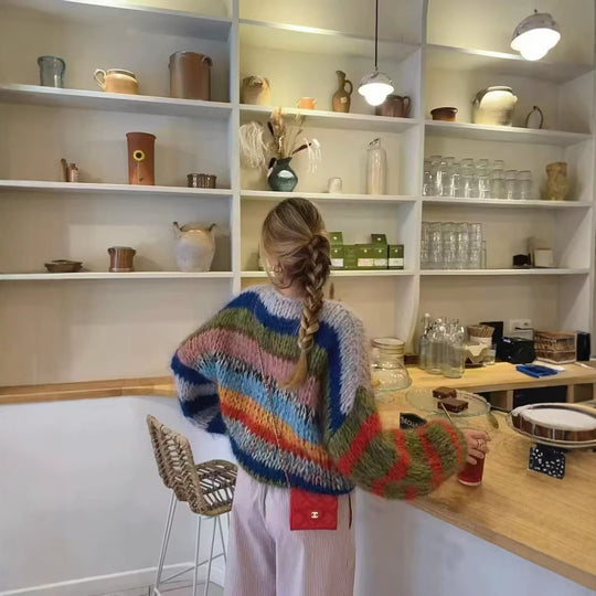 Damen Oversize-Strickpullover aus Mohairmix mit voluminösen Ballonärmeln und Blockstreifen Nord Taschen