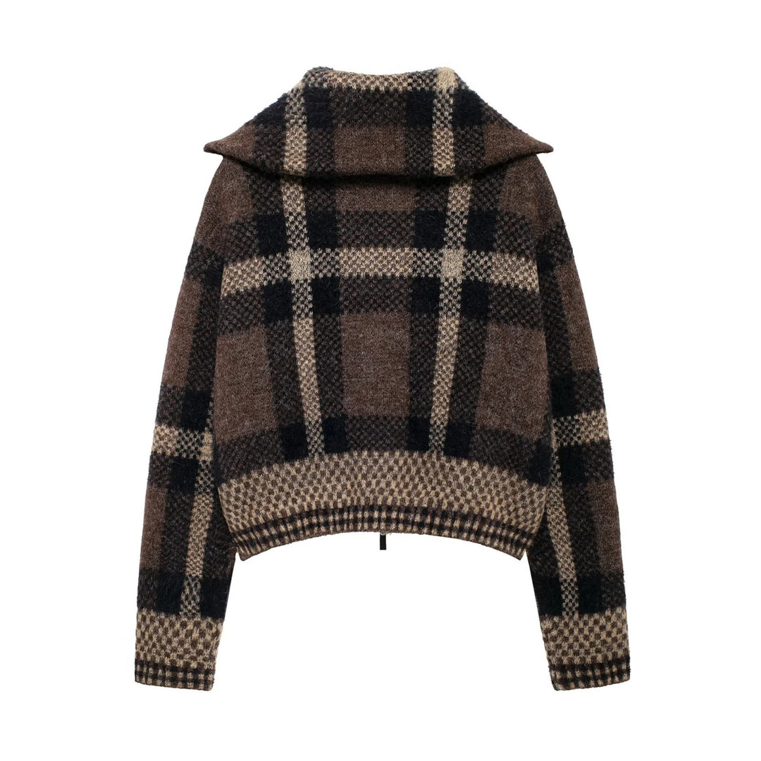 Damen 70+ kurzer kariert melierter Strickpullover mit halbem Reißverschlusskragen Nord Taschen