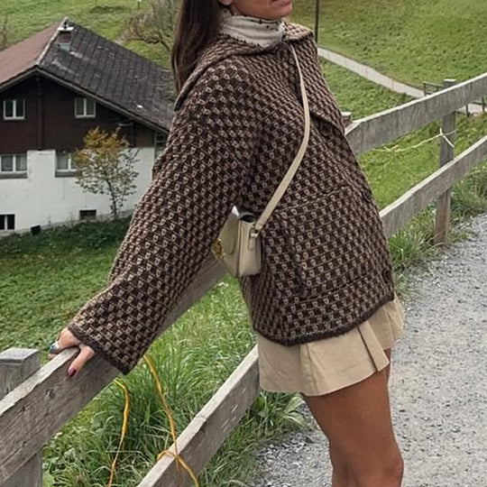 Damen Kurzjacke im Bouclé‑Waffelmuster mit großem Umlegekragen Nord Taschen