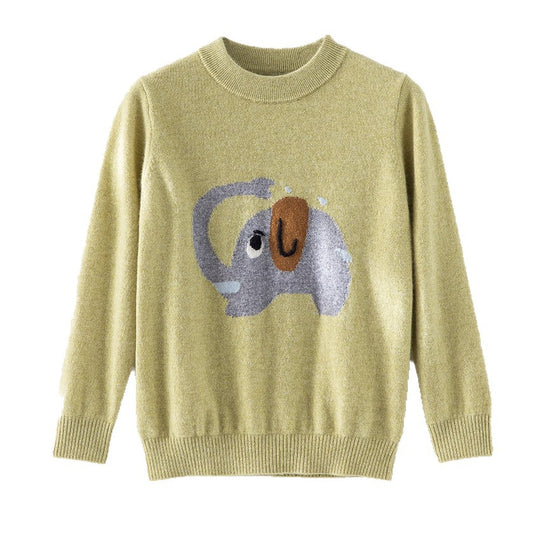 Damen Feinstrick-Pullover mit plüschiger Elefanten-Intarsia und Rippbündchen Nord Taschen