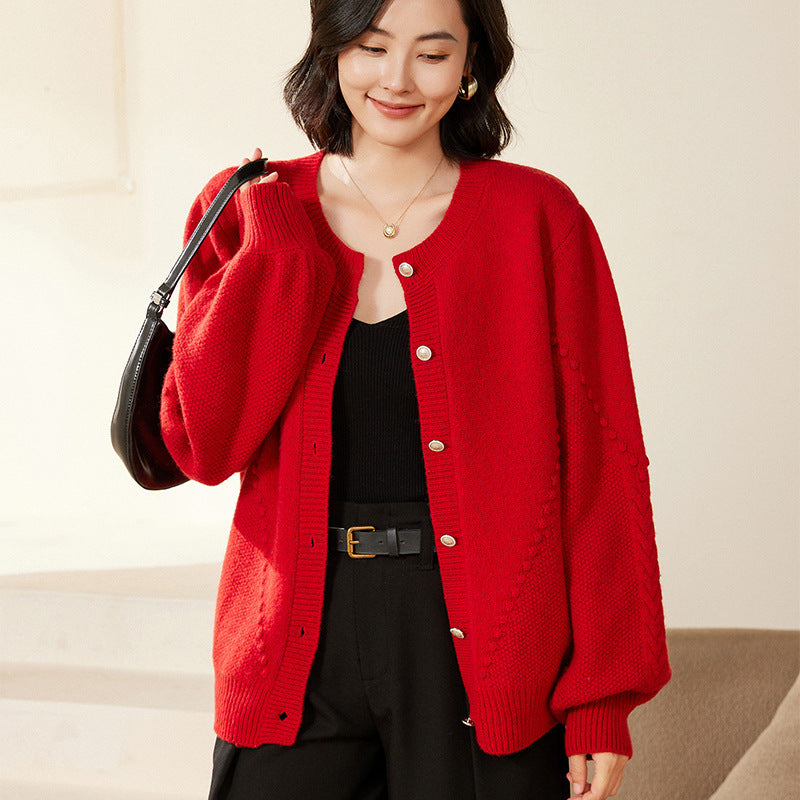 Damen Strickcardigan mit Strukturmuster, Ballonärmeln und Perlmuttknopfleiste Nord Taschen