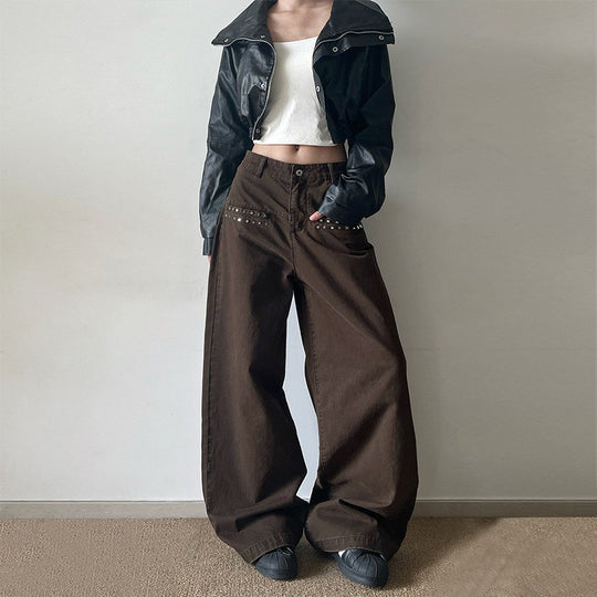 Damen Extraweite High‑Waist Baumwoll-Twill-Hose mit Nietenbesatz und Palazzoschnitt Nord Taschen