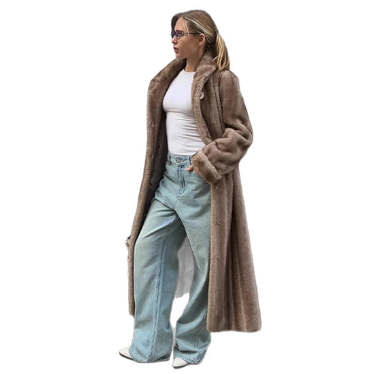 Damen Maxi Kunstpelz-Mantel mit breitem Umlegekragen und weitem Schnitt Nord Taschen