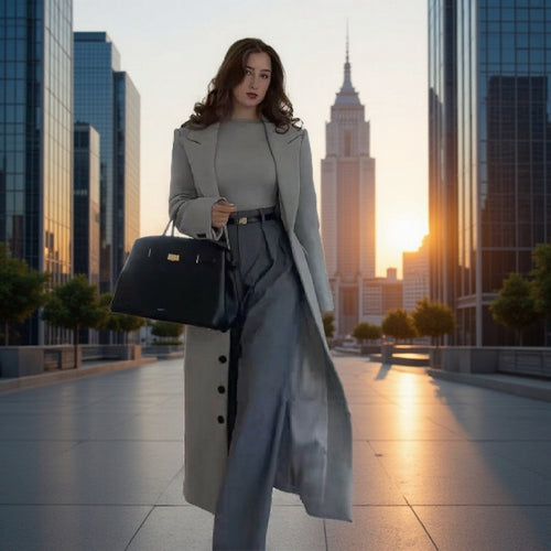 Damen Longline-Mantel mit taillierter Silhouette, strukturiertem Revers und Gehschlitz Nord Taschen