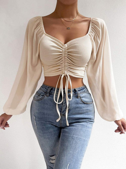 Damen Crop-Top mit strukturiertem Körper und eleganten Puffärmeln