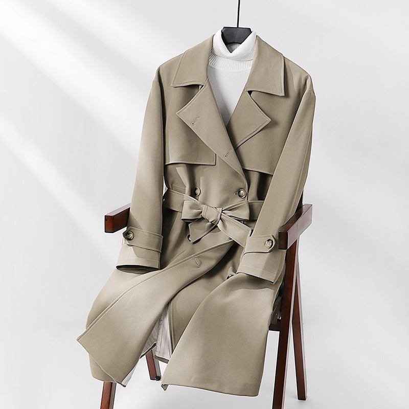 Damen Langer taillierter Trenchcoat mit weitem Schalkragen und Bindegürtel Nord Taschen