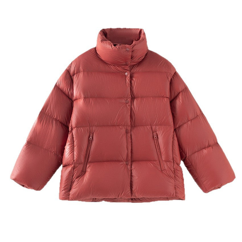 Damen Kurz geschnittene gesteppte Daunenjacke mit hohem Stehkragen, Boxy-Silhouette und Druckknöpfen Nord Taschen