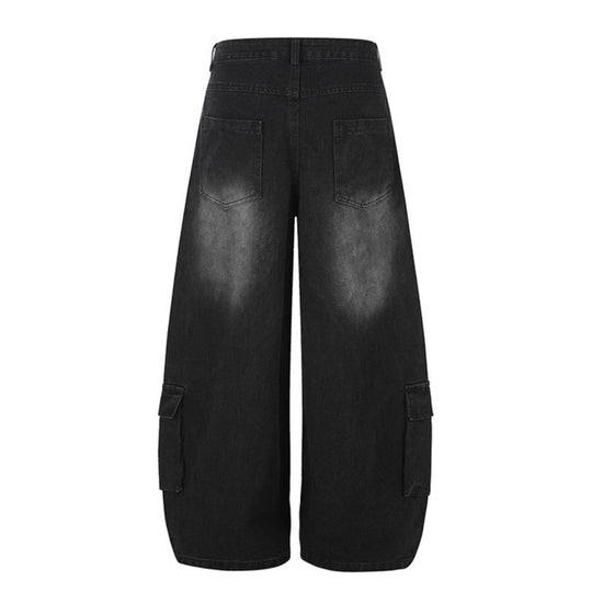 Damen Hochgeschnittene weite Cargo-Palazzo-Jeans mit großen aufgesetzten Taschen und Vintage-Waschung Nord Taschen