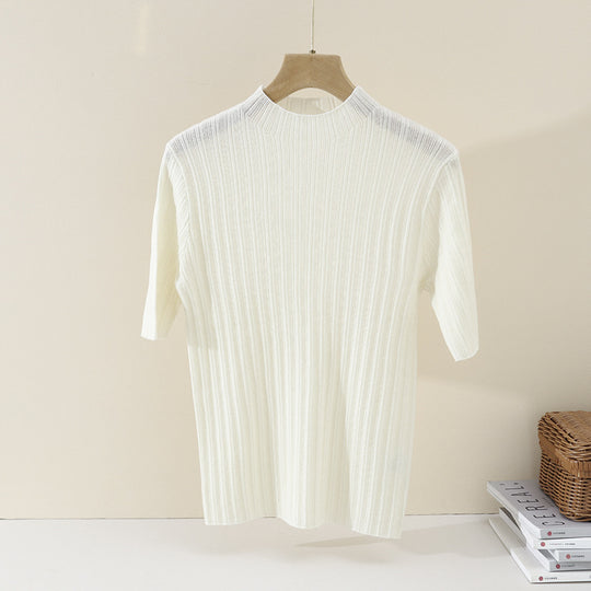 Damen Feines Geripptes Kurzarm-Feinstrickshirt mit Stehkragen Nord Taschen