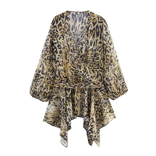 Damen Asymmetrische Wickelbluse mit Leopardenmuster, V-Ausschnitt, Ballonärmeln und Taillengürtel Nord Taschen