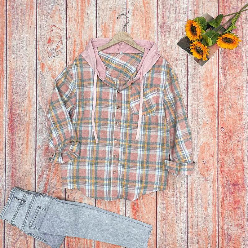 Damen nostalgische Karobluse mit Kapuze und Knopfverschluss