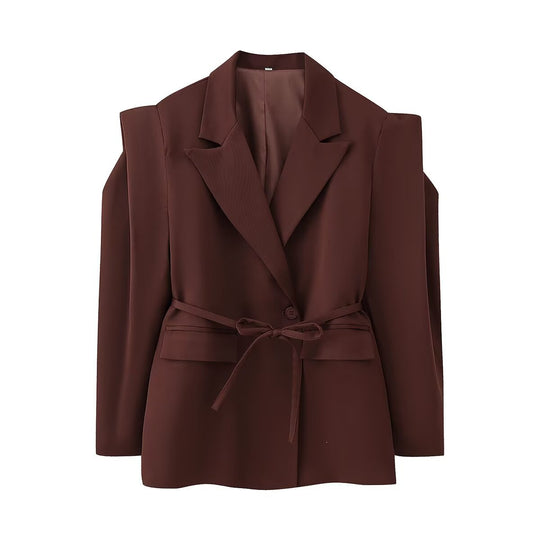 Damen Schulterfreier Blazer mit Taillengürtel und Pattentaschen Nord Taschen