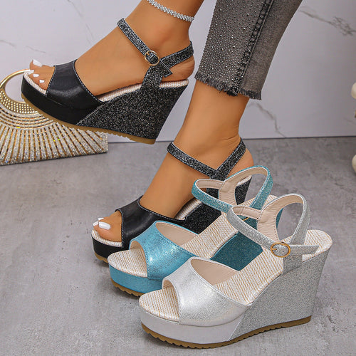Damen Glamouröse Wedge-Sandaletten mit funkelndem Glitzer und elegantem Riemchen