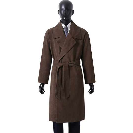 Herren Langer Wollmantel mit Bindegürtel und breitem Revers Nord Taschen