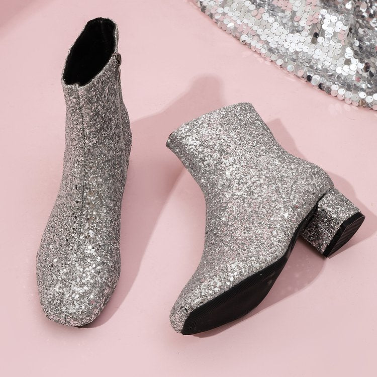 Damen nan glitzernde Stiefeletten mit kurzem Blockabsatz und seitlichem Reißverschluss Nord Taschen