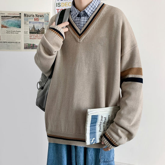 Herren Modischer Grobstrickpullover mit V-Ausschnitt und Streifen Nord Taschen