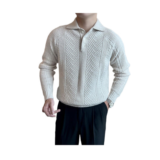 Herren Polokragen-Zopfstrick-Pullover mit halber Knopfleiste Nord Taschen