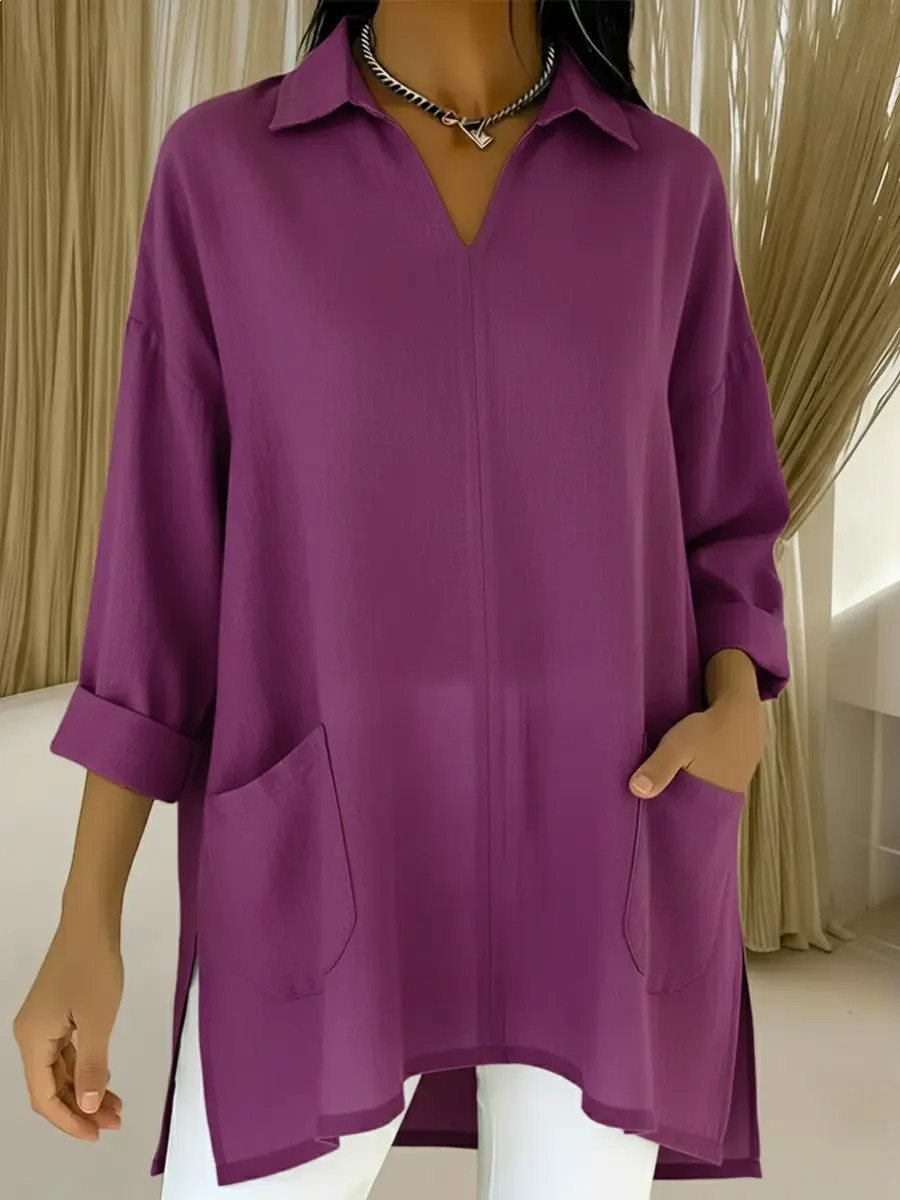 Damen Oversize-Tunika mit Hemdkragen, V-Ausschnitt und aufgesetzten Taschen Nord Taschen