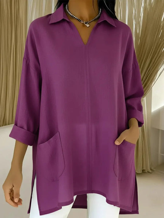 Damen Oversize-Tunika mit Hemdkragen, V-Ausschnitt und aufgesetzten Taschen Nord Taschen