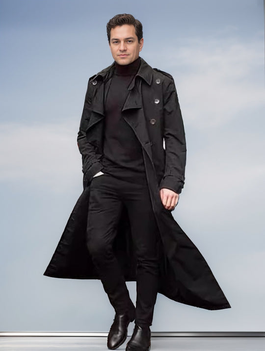 Herren Wasserabweisender Long-Trenchcoat mit doppelter Knopfleiste, Schulterklappen und verstellbarem Taillengürtel Nord Taschen