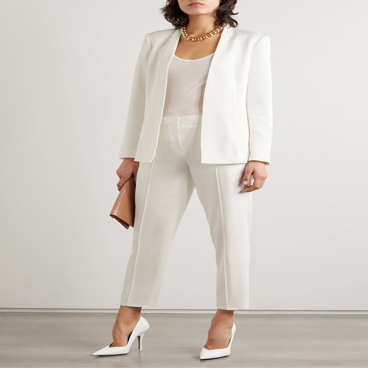 Damen Zweiteiliges Tailoring-Set aus Stretchkrepp mit offenem Longblazer und verkürzter Zigarettenhose Nord Taschen