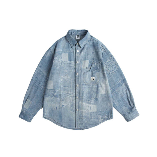 Unisex Oversize-Denim-Hemdjacke mit Patchwork-Print und Druckknopfblende Nord Taschen