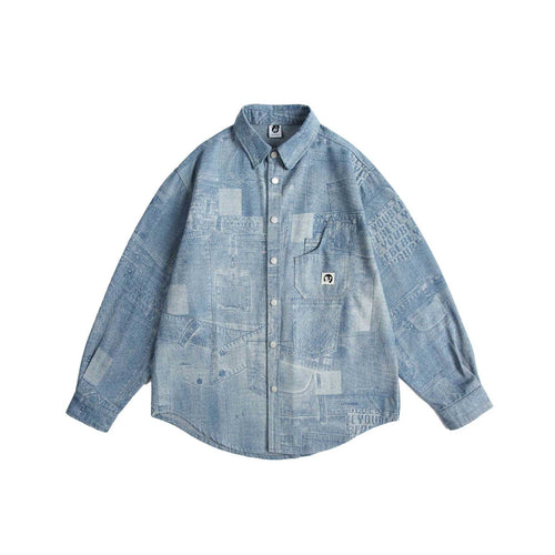 Unisex Oversize-Denim-Hemdjacke mit Patchwork-Print und Druckknopfblende Nord Taschen