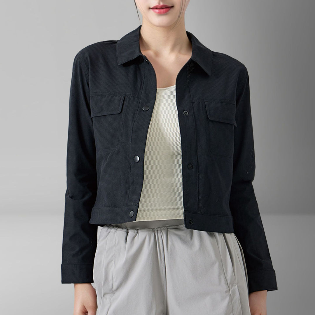 Damen Kurze Overshirt-Jacke aus strukturiertem Canvas mit Brusttaschen Nord Taschen