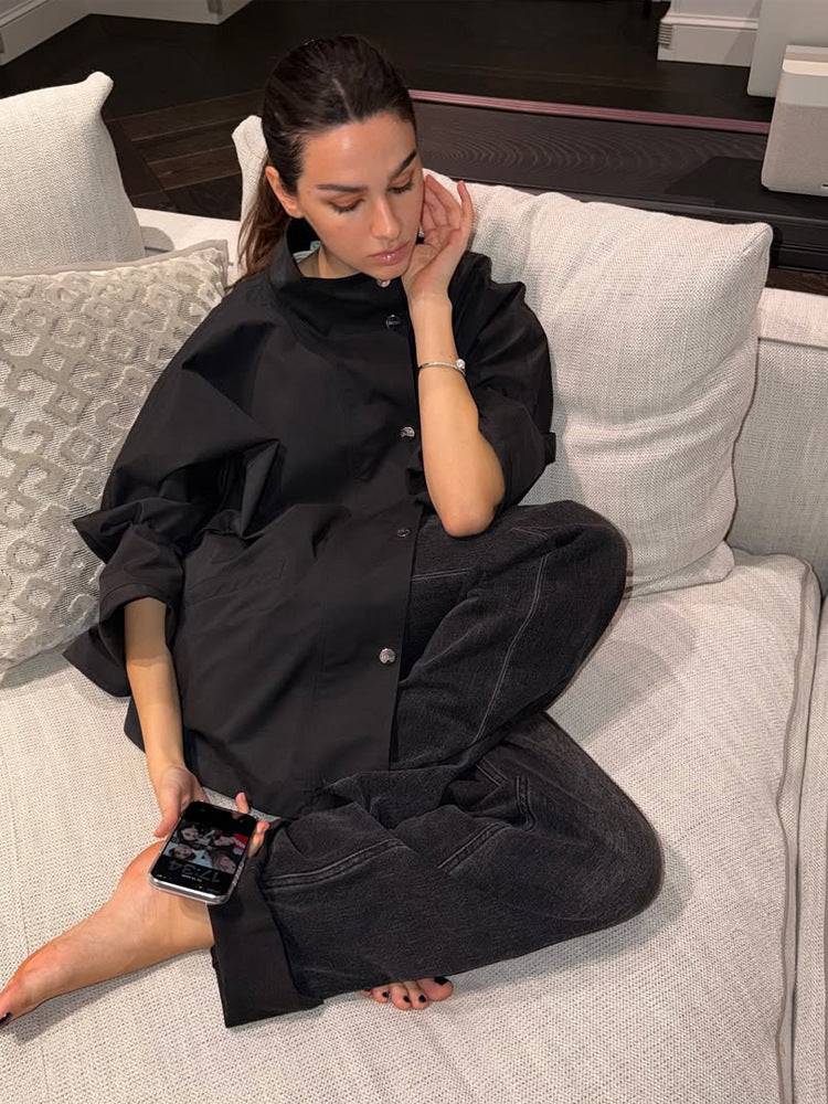 Damen Oversize-Hemdjacke mit Stehkragen, kastiger Silhouette und Druckknopf-Leiste Nord Taschen