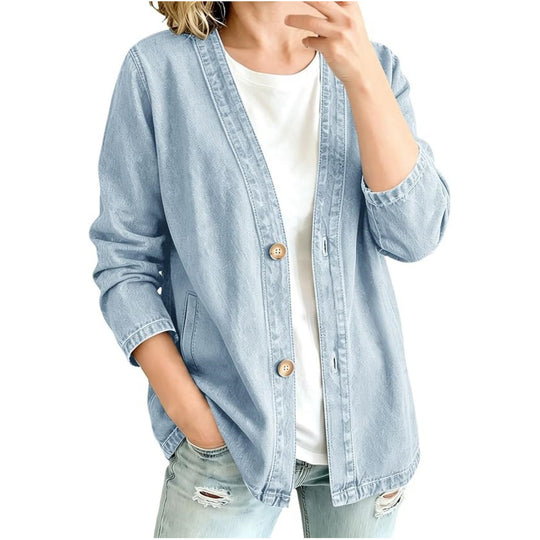 Damen Oversize Jeansjacke im Kimono-Stil mit Holzknöpfen Nord Taschen