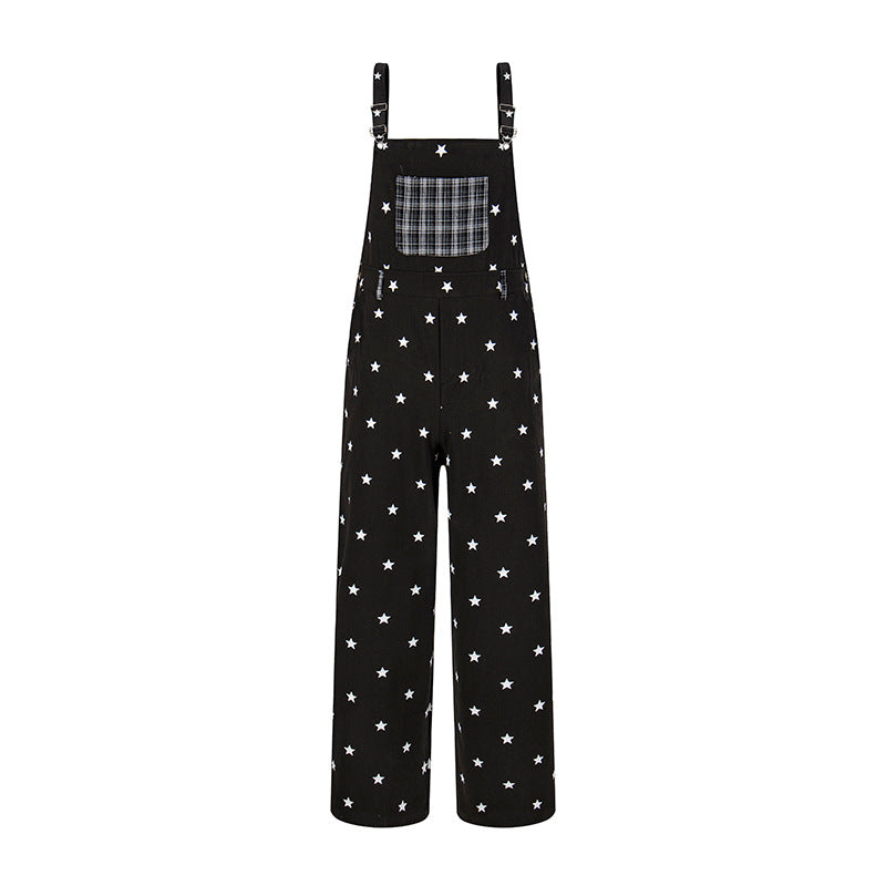 Damen Latzhose im Palazzo‑Schnitt mit Sternen‑Allover und Karopatch Nord Taschen