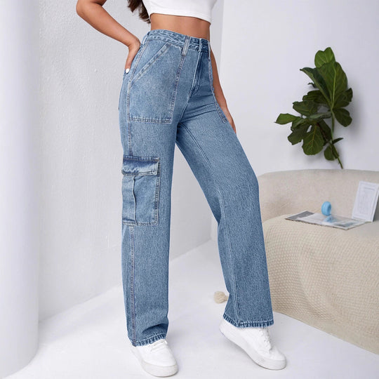 Damen Hochtaillierte Cargo-Weite-Jeans mit aufgesetzten Taschen und elastischem Saum Nord Taschen