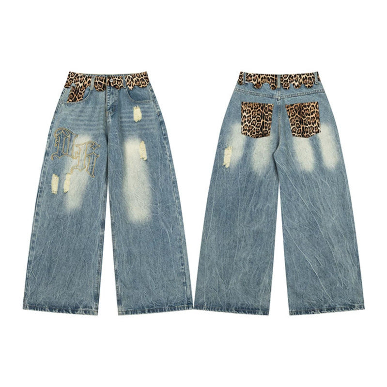 Damen weite Palazzo-Jeans mit destroyed-Details, Leopard-Bund und Gothic-Stickerei Nord Taschen