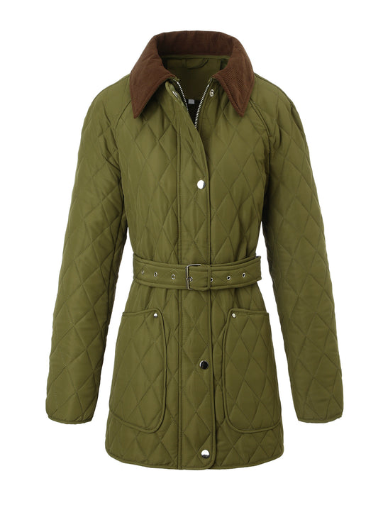 Damen Lange Steppjacke-Mantel mit tailliertem Gürtel und Kontrast-Cordkragen Nord Taschen