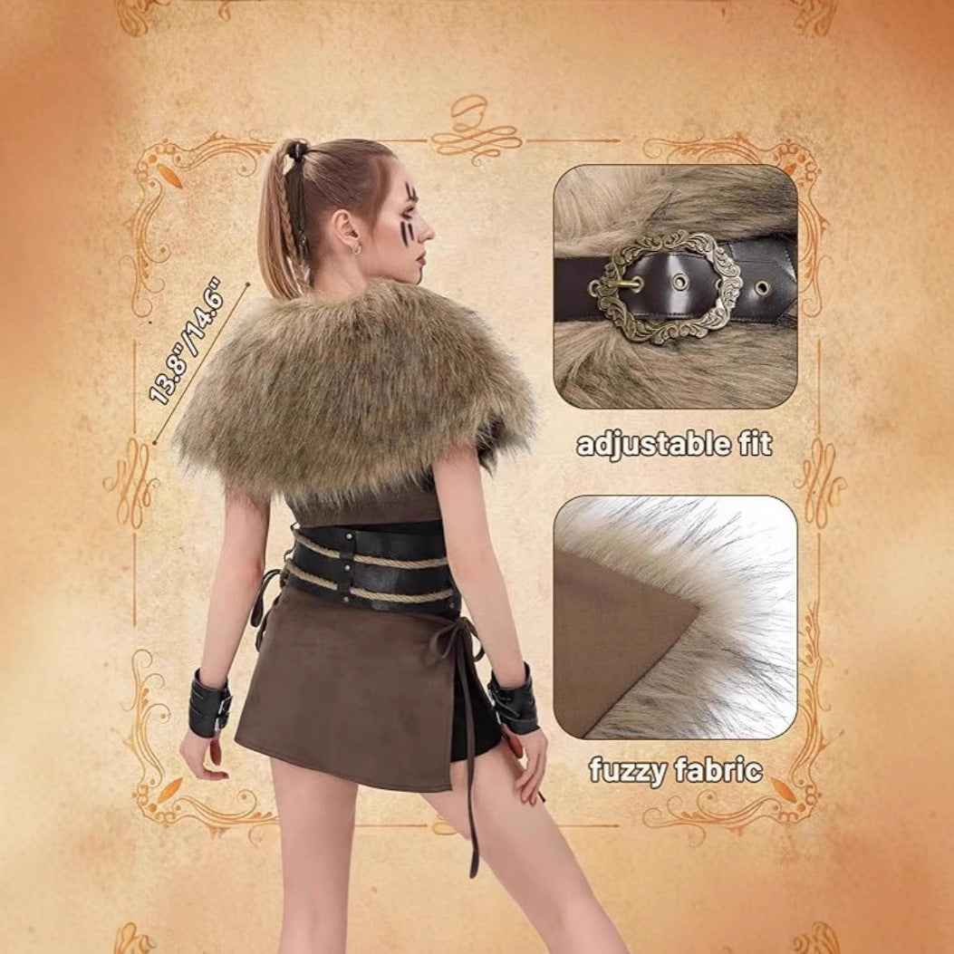 Damen Wikingerin inspiriertes Fantasy‑Kostüm mit Kunstpelz‑Schultercape, Taillengürtel und Ledertasche Nord Taschen