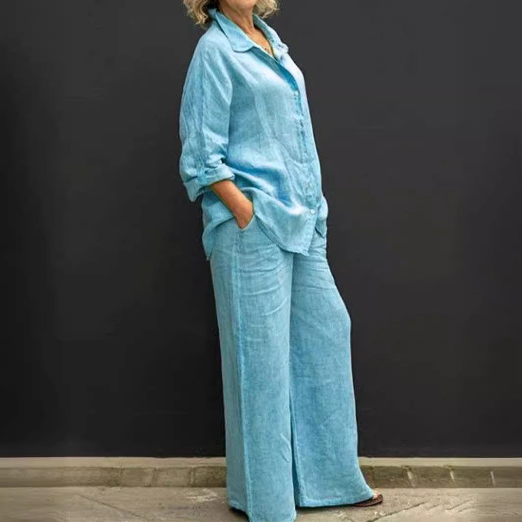 Damen Relaxed-Buttondown-Hemd und High-Waist-Palazzo im Leinenoptik Nord Taschen