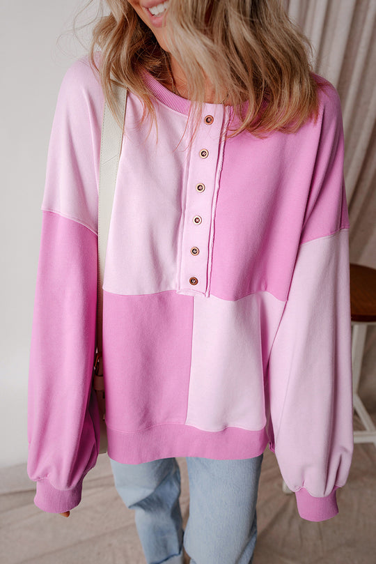 Damen Oversize-Longsleeve-Sweatshirt im Colorblock mit Henley-Knopfleiste und Ballonärmeln Nord Taschen