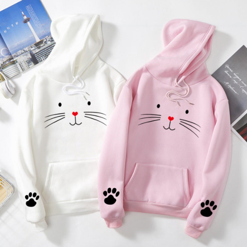 Damen nan Kapuzenpullover mit gedrucktem Katzenmotiv, Kängurutasche und Pfotenapplikationen Nord Taschen