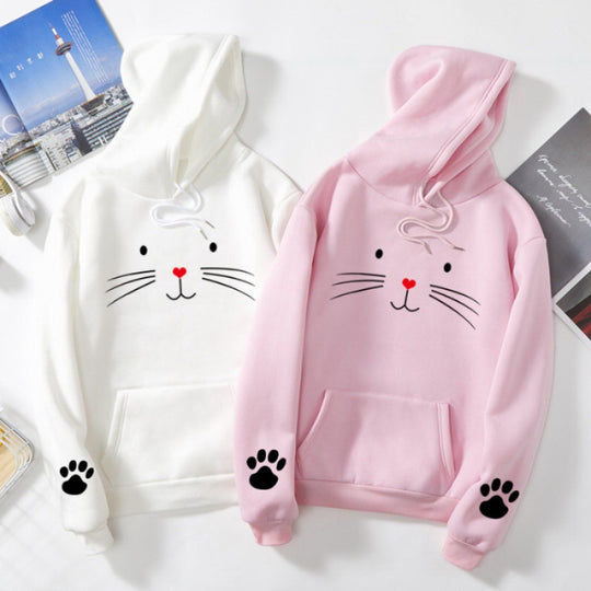 Damen nan Kapuzenpullover mit gedrucktem Katzenmotiv, Kängurutasche und Pfotenapplikationen Nord Taschen