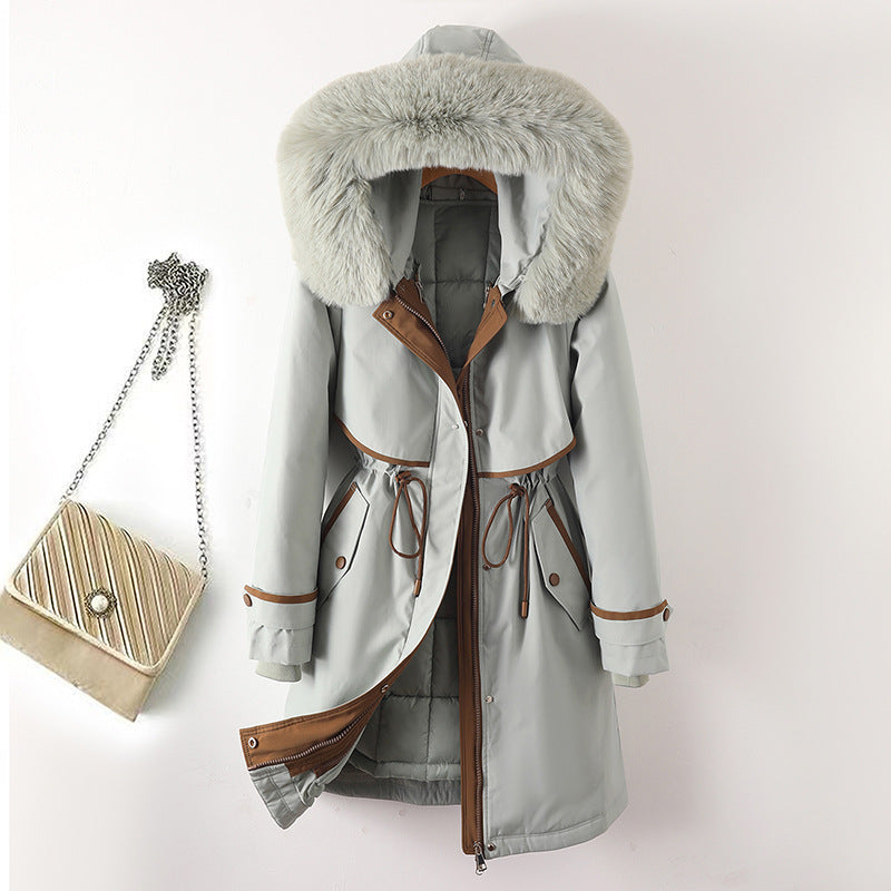 Damen nan langer Parka mit Kunstfellkapuze Taillenzug und kontrastierten Paspeln Nord Taschen
