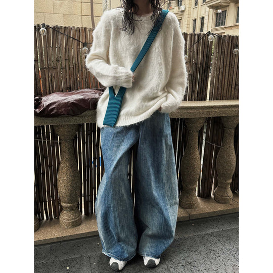Damen Weicher Oversize Mohair‑Optik Pullover mit geripptem Saum und Rundhalsausschnitt Nord Taschen