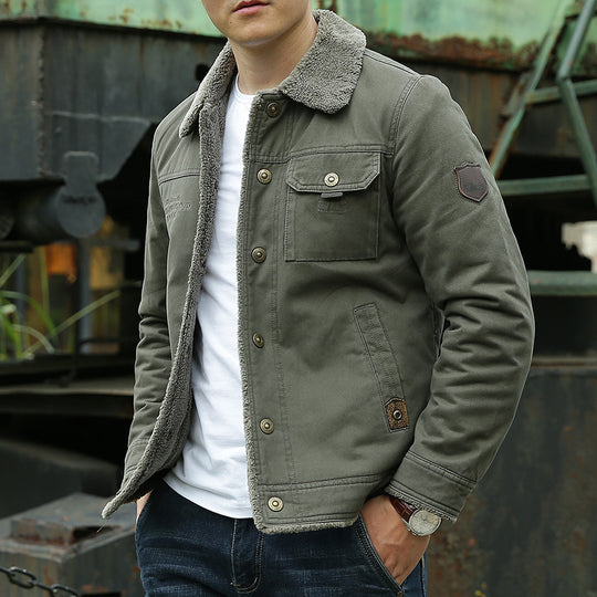 Herren Vintage-inspirierte Canvas-Workerjacke mit Vollfutter-Teddy, Brustpatten und Multifunktions-Taschen Nord Taschen