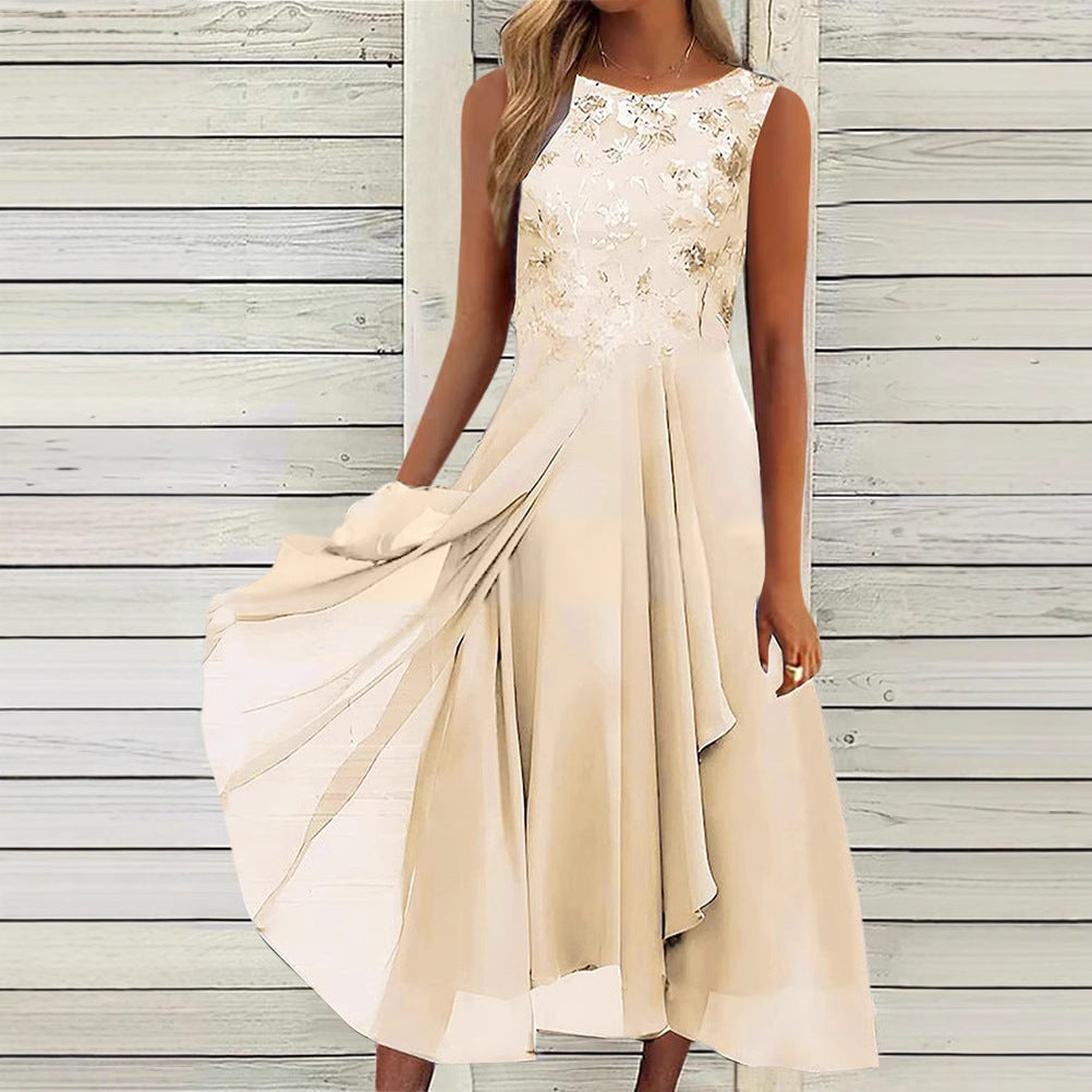 Damen nan ärmelloses Chiffon-Midikleid mit bestickter Brustpartie und asymmetrischem Lagenrock - Arvani