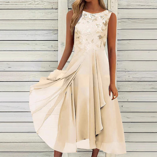 Damen nan ärmelloses Chiffon-Midikleid mit bestickter Brustpartie und asymmetrischem Lagenrock - Arvani