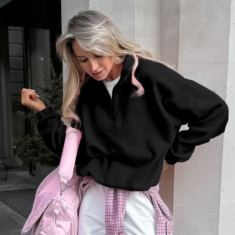 Damen Oversized Fleecepullover mit halbem Reißverschluss und Stehkragen Nord Taschen